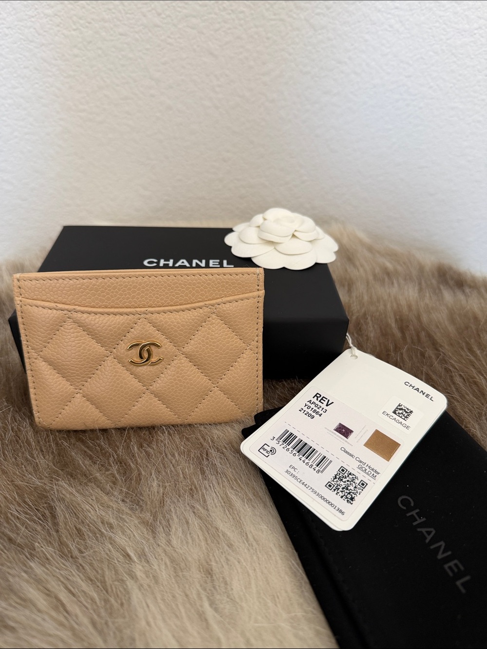 CHANEL Beige Quilted CC Card Holder